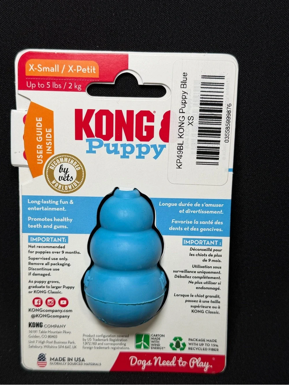 Kong Puppy X-SMALL Blue Healthy Chewing Toy Teething Dog Chew, Chase, Fetch